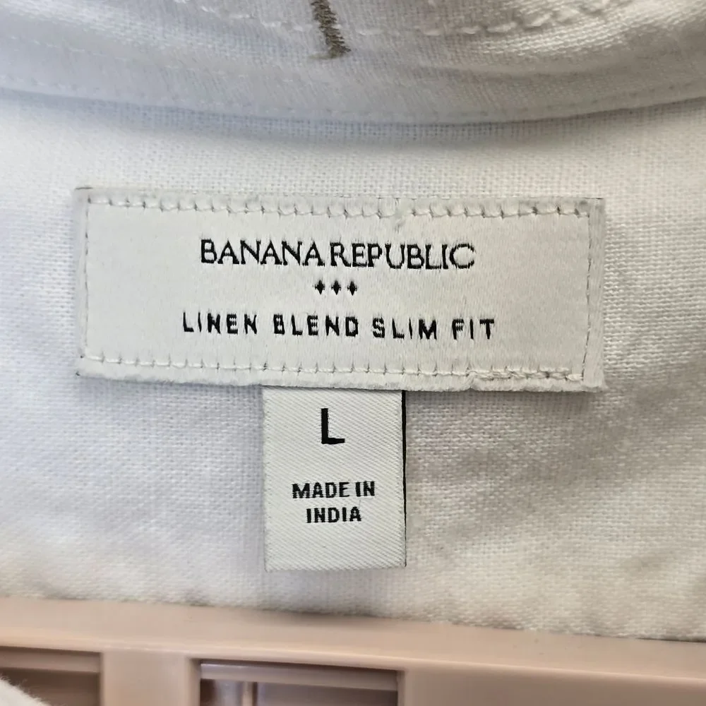 Banana Republic Men's L Linen Blend Slim Fit White Button-Down Long Sleeve Shirt